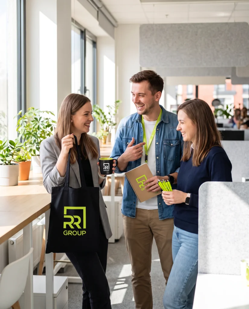 Zespół z gadżetami z logo RR Group – torba, kubek, notatnik, długopisy i smycz